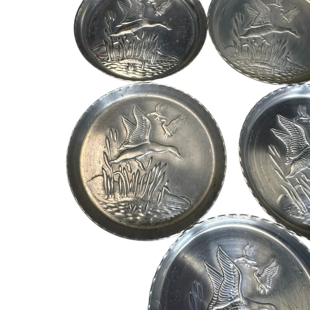 Vintage Pewter Coasters‎ Set of 7 Birds Geese Duck Crane Swan Embossed Drinkware